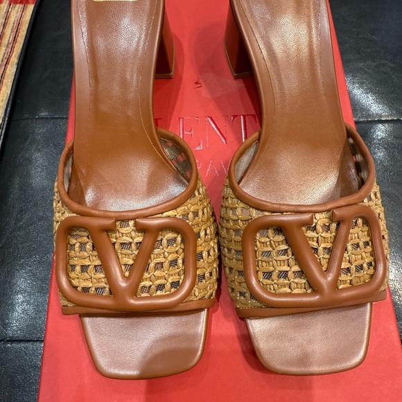 Valentino Shoes - Valentino Tan Brown Woven Leather Logo Slide Mules